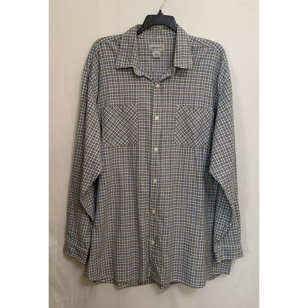 Carhartt Mens Size XXL Shirt Blue White Tan Plaid Button Down Long Sleeve 2XL
